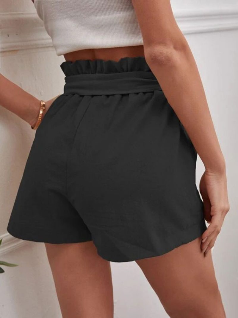 Damen-shorts Aus Leinen Elastische Taille Fliege Taschen Süße Sommerhose - Schwarz