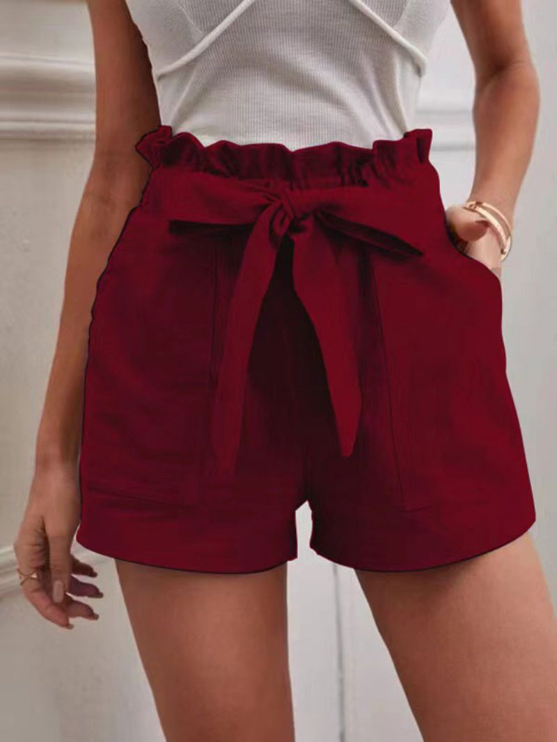 Damen-shorts Aus Leinen Elastische Taille Fliege Taschen Süße Sommerhose - Burgund