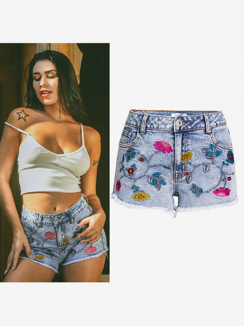 Damen-shorts Aus Schicker Bestickter Baumwolle - Helles Himmelblau