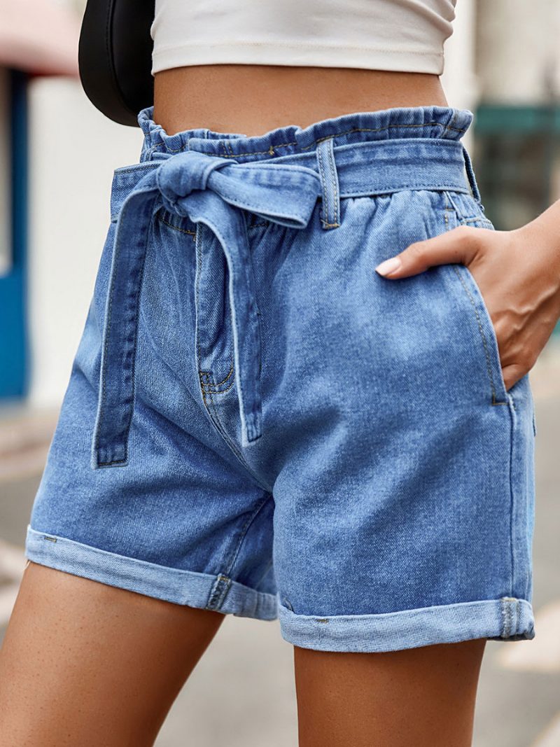 Damen-shorts Lässige Denim-hose Mit Schnürung - Blau