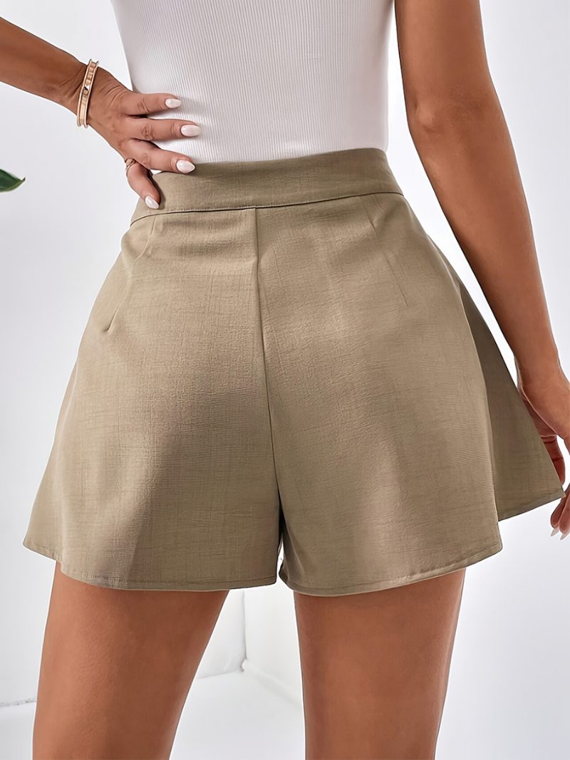 Einfarbige Damen-shorts Plissiert Hohe Taille Knopf Lässige Sommer-shorts - Khaki