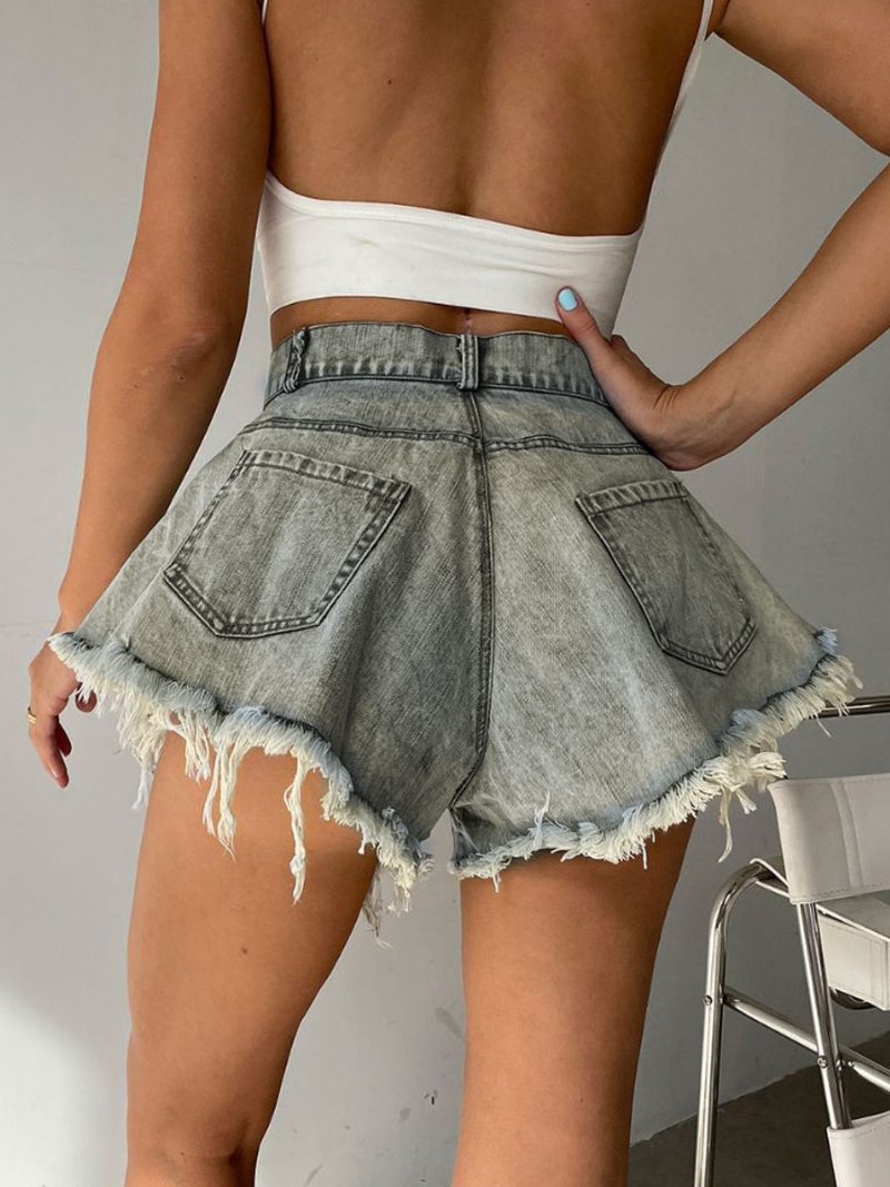 Shorts Für Damen Denim-cowboy-hose Mit Fransen - Helles Himmelblau