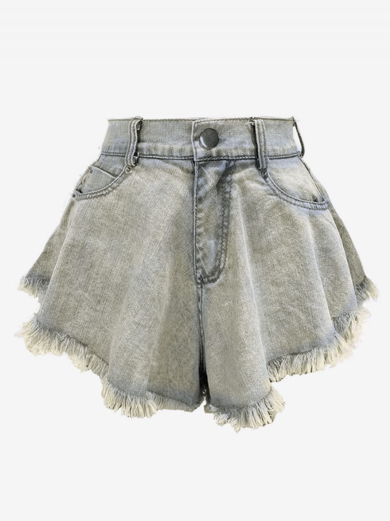 Shorts Für Damen Denim-cowboy-hose Mit Fransen - Helles Himmelblau