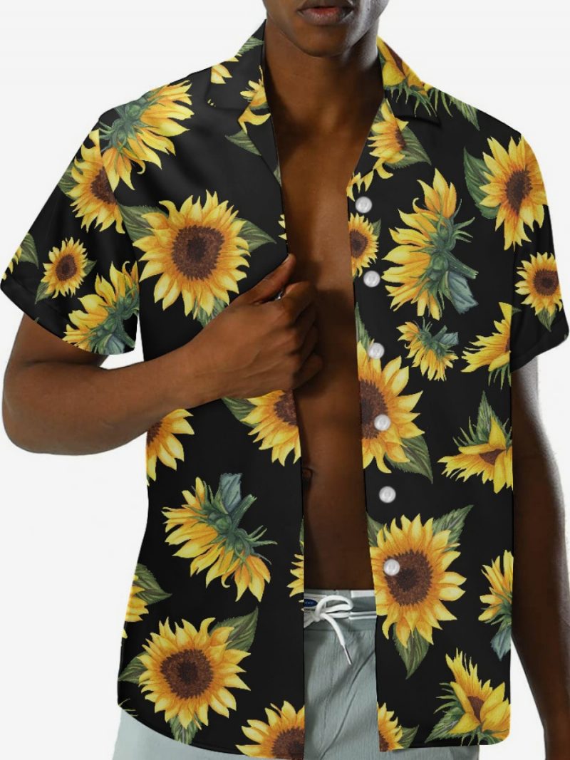 Funky Hawaii-hemden Für Herren Kurzärmelig Sommerurlaub Sonnenblumen-druck Strand Lässiges Hawaii-hemd