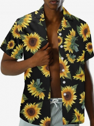 Funky Hawaii-hemden Für Herren Kurzärmelig Sommerurlaub Sonnenblumen-druck Strand Lässiges Hawaii-hemd