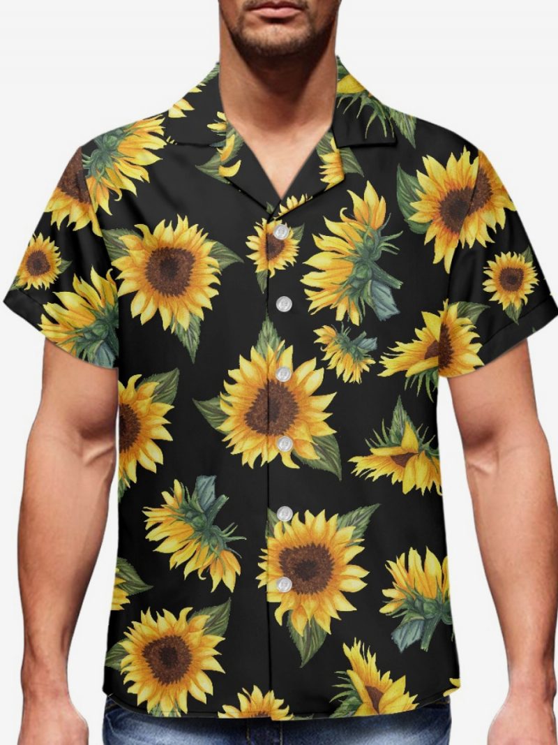 Funky Hawaii-hemden Für Herren Kurzärmelig Sommerurlaub Sonnenblumen-druck Strand Lässiges Hawaii-hemd - Schwarz