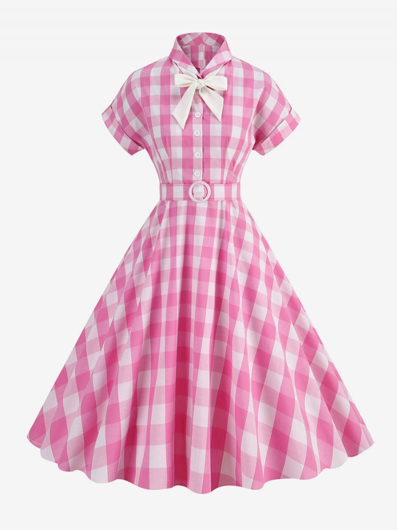 Barbie Pink Gingham Kleid Für Damen 1950er Jahre Kurze Ärmel Kariertes Vintage-kleid