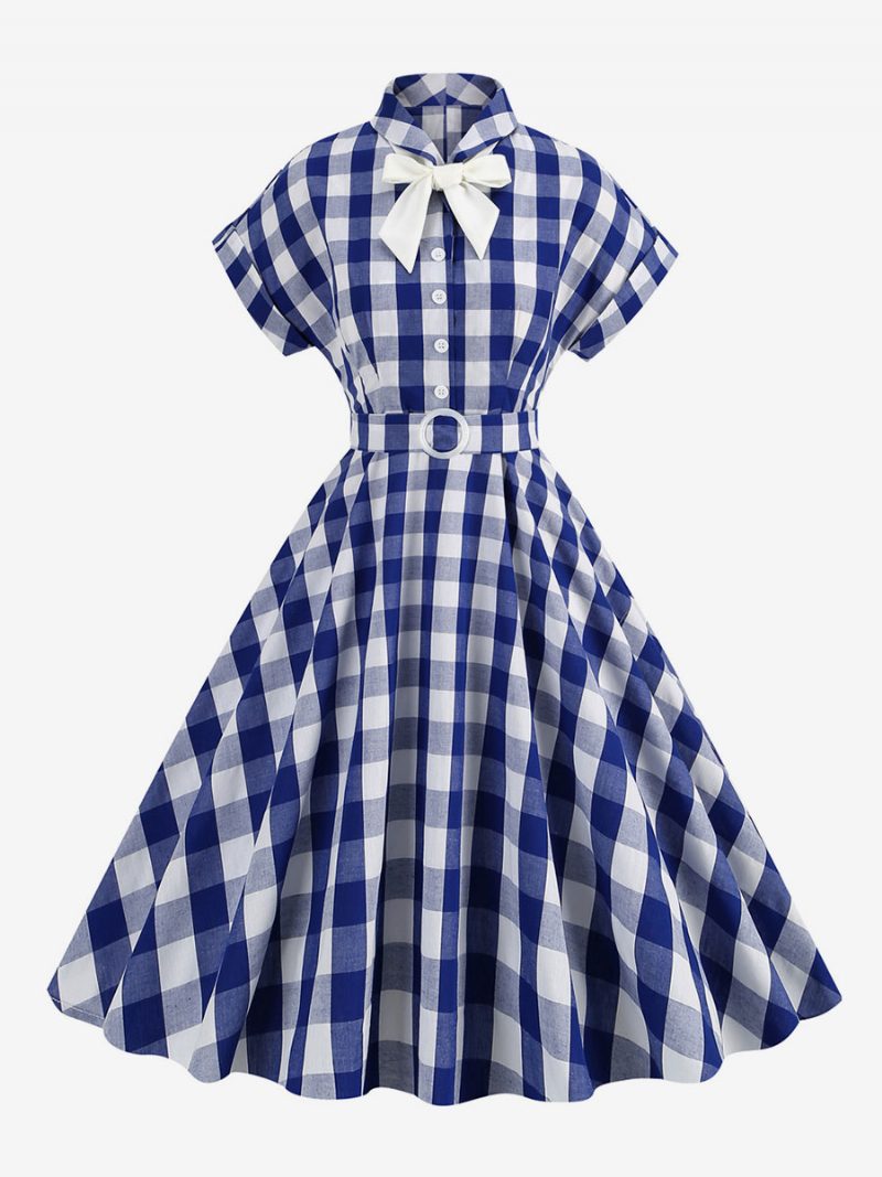 Barbie Pink Gingham Kleid Für Damen 1950er Jahre Kurze Ärmel Kariertes Vintage-kleid - Tiefblau