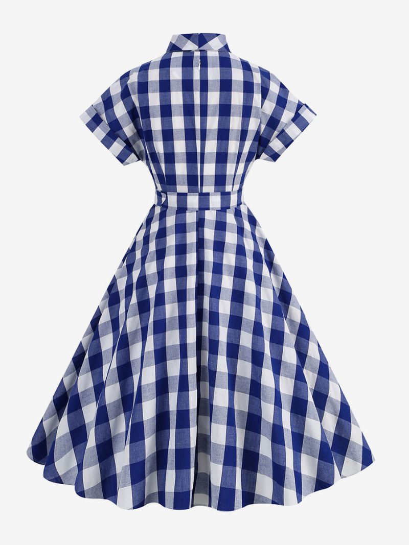 Barbie Pink Gingham Kleid Für Damen 1950er Jahre Kurze Ärmel Kariertes Vintage-kleid - Tiefblau