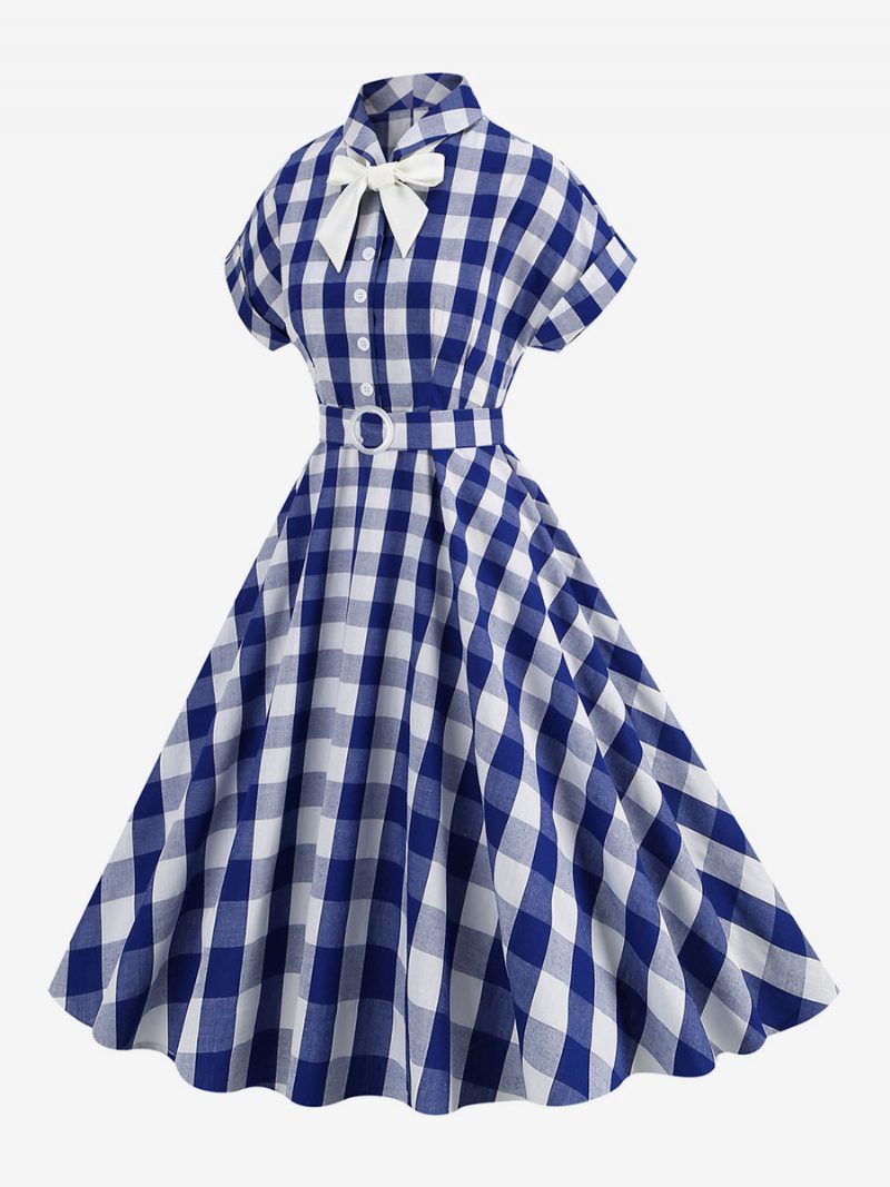 Barbie Pink Gingham Kleid Für Damen 1950er Jahre Kurze Ärmel Kariertes Vintage-kleid - Tiefblau