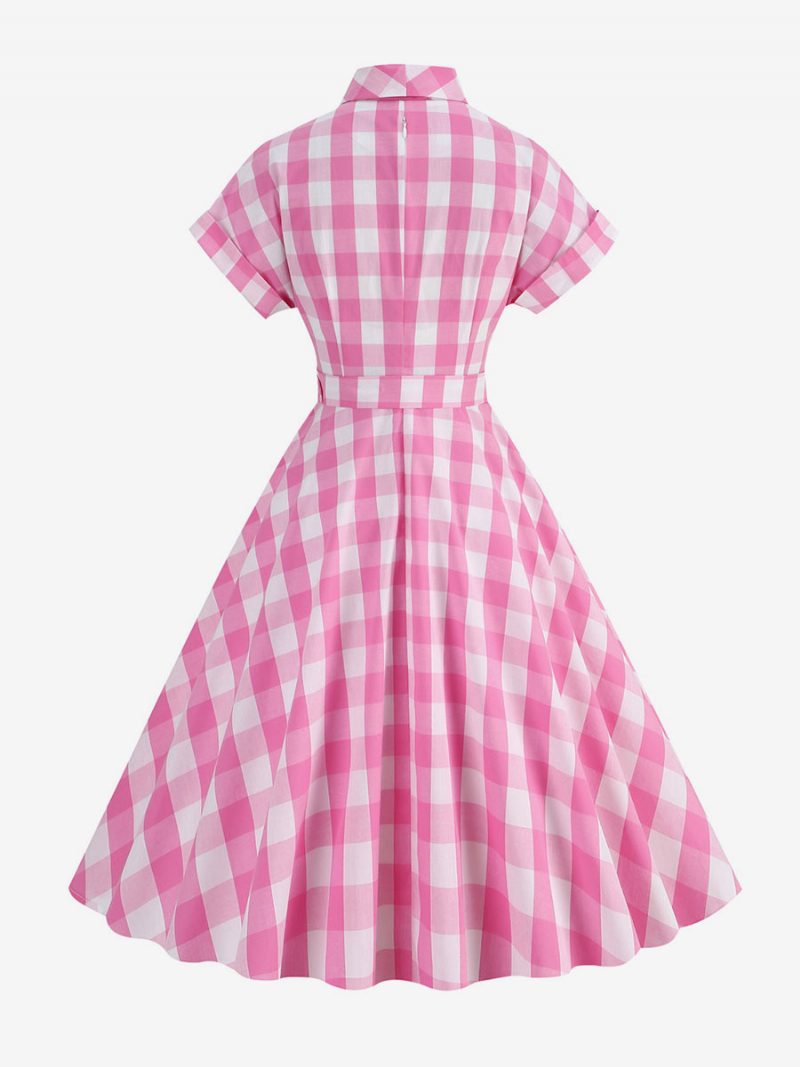 Barbie Pink Gingham Kleid Für Damen 1950er Jahre Kurze Ärmel Kariertes Vintage-kleid - Rosa