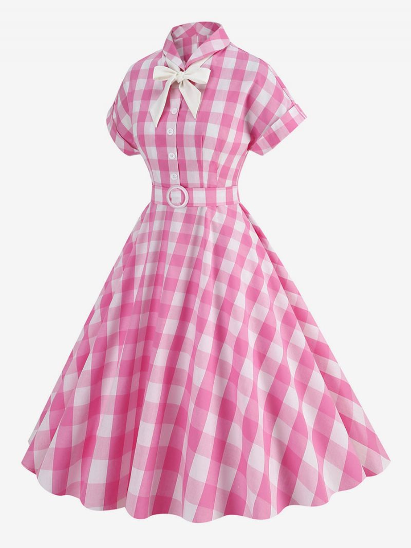 Barbie Pink Gingham Kleid Für Damen 1950er Jahre Kurze Ärmel Kariertes Vintage-kleid - Rosa