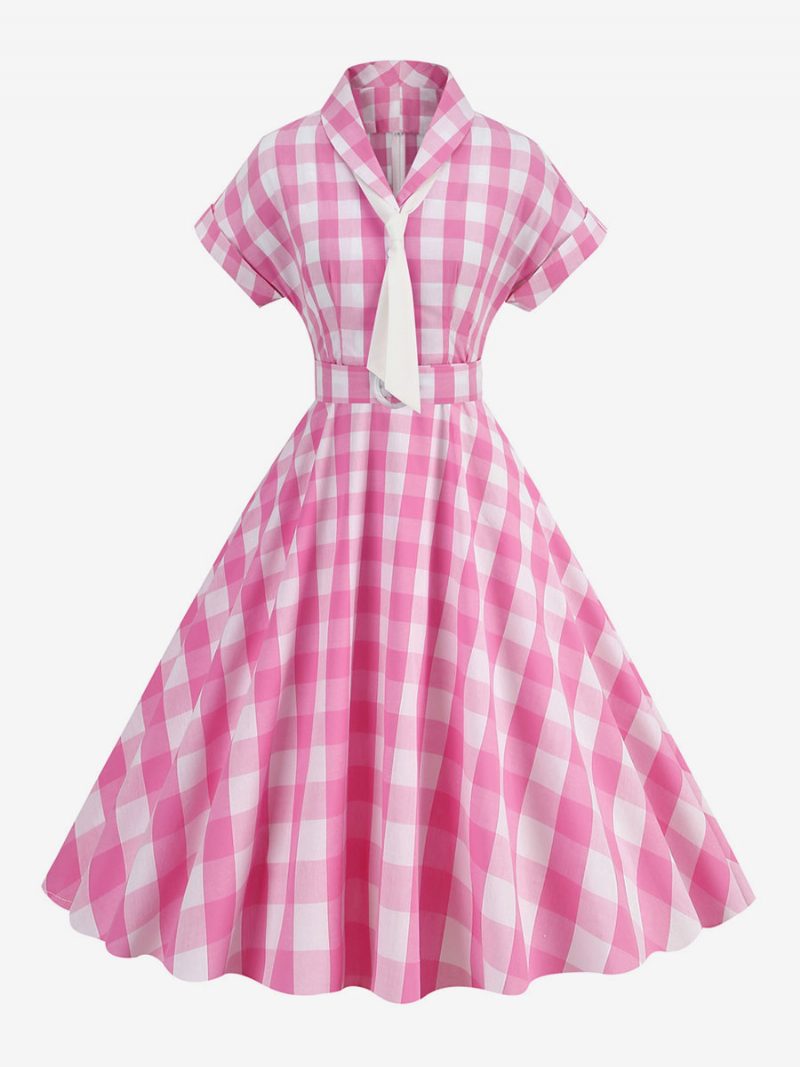 Barbie Pink Gingham Kleid Für Damen 1950er Jahre Kurze Ärmel Kariertes Vintage-kleid - Rosa