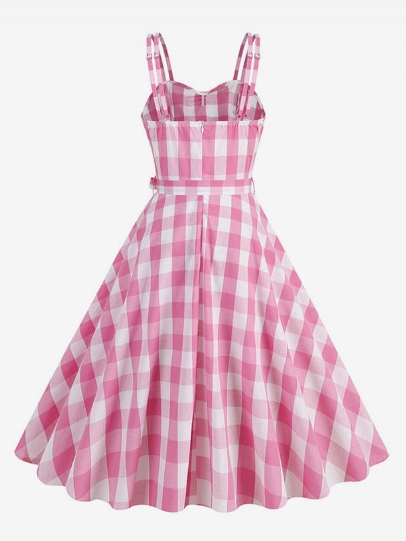 Damen Barbie Gingham Kleid 1950er Jahre Audrey Hepburn Ärmelloses Vintage - Rosa