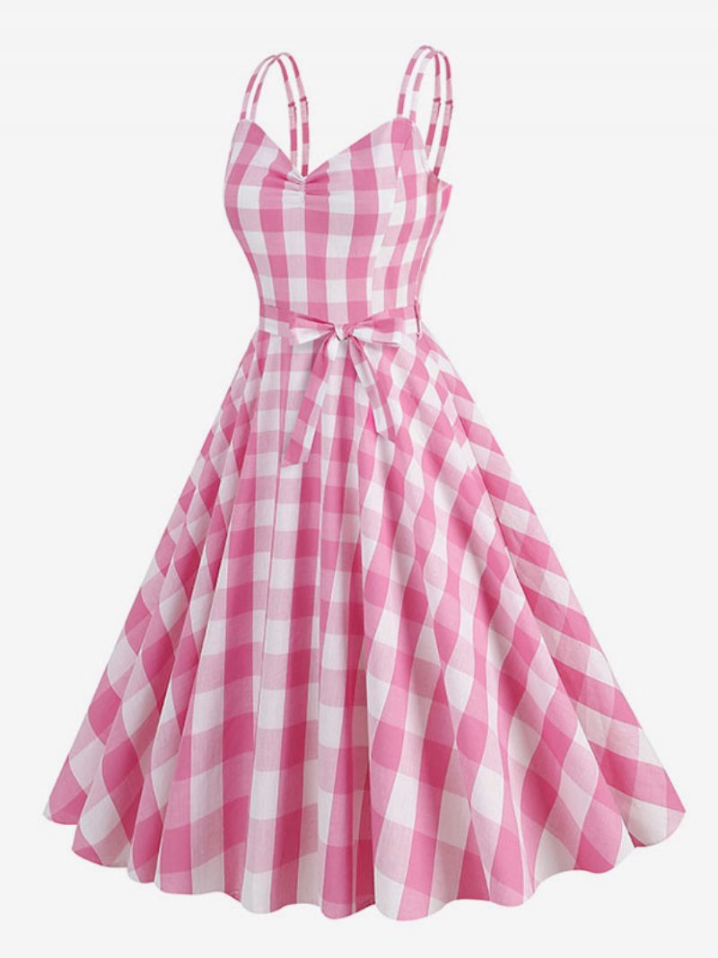 Damen Barbie Gingham Kleid 1950er Jahre Audrey Hepburn Ärmelloses Vintage - Rosa