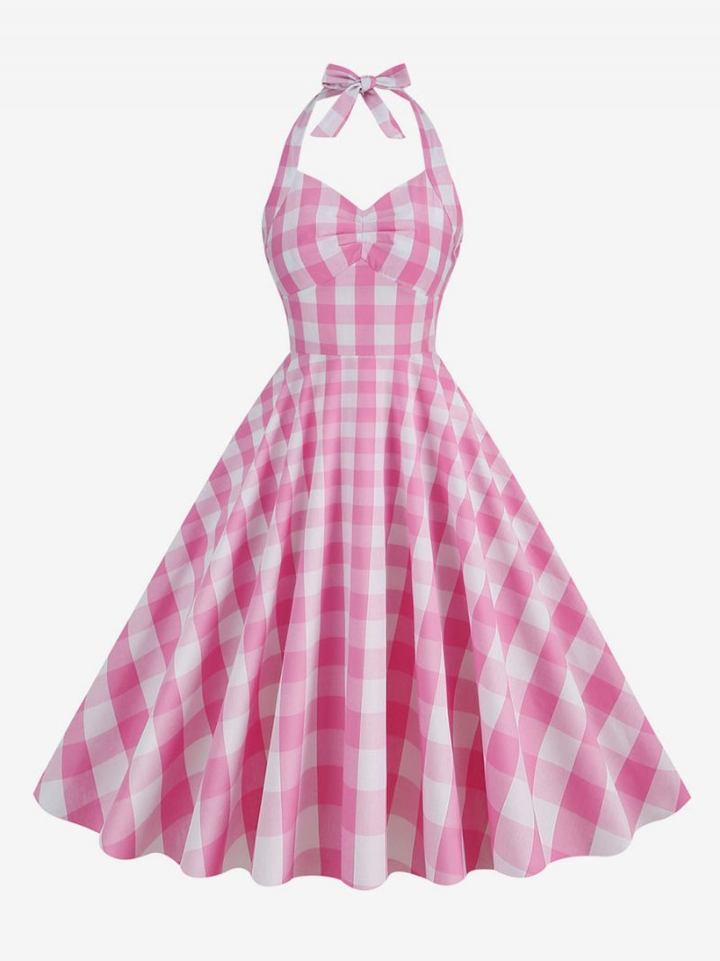 Damen Barbie Pink Gingham 1950er Jahre Kariertes Plissiertes Neckholder-vintage-kleid