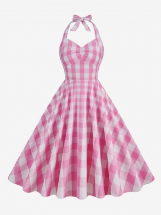 Damen Barbie Pink Gingham 1950er Jahre Kariertes Plissiertes Neckholder-vintage-kleid