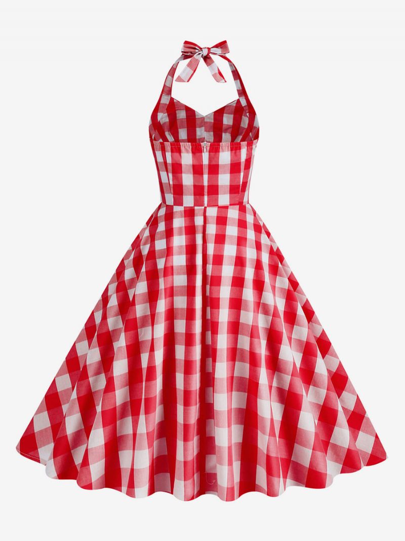 Damen Barbie Pink Gingham 1950er Jahre Kariertes Plissiertes Neckholder-vintage-kleid - Rot