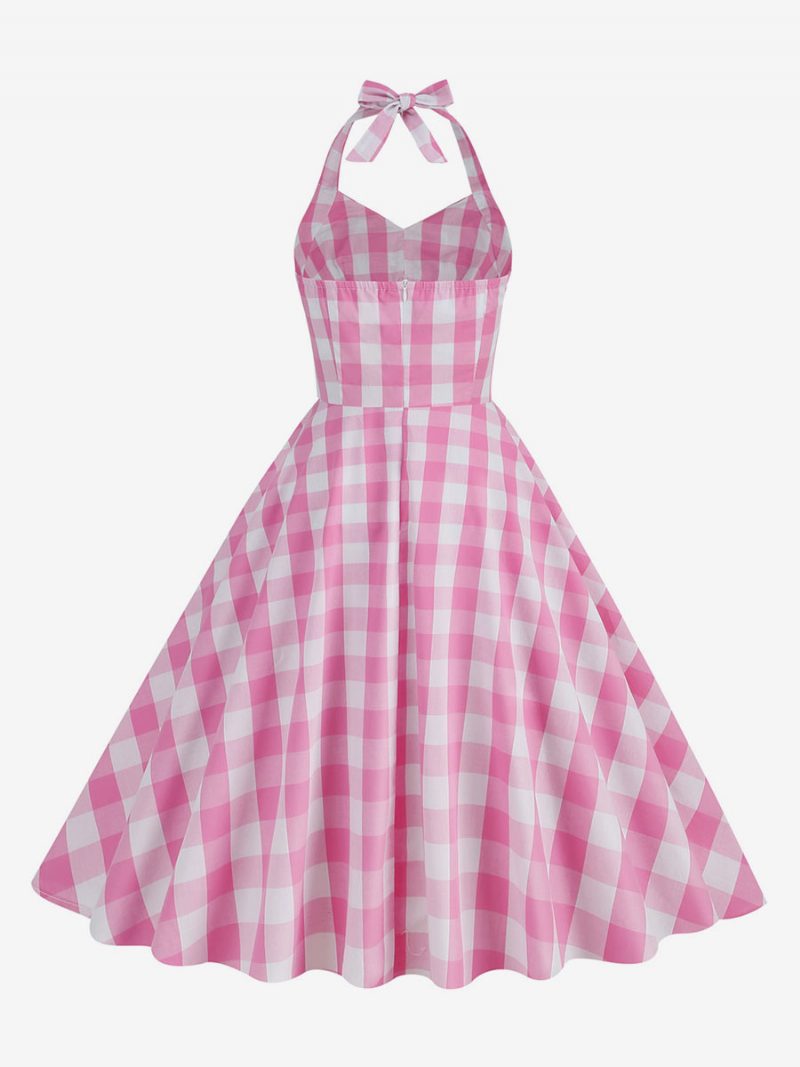 Damen Barbie Pink Gingham 1950er Jahre Kariertes Plissiertes Neckholder-vintage-kleid - Rosa