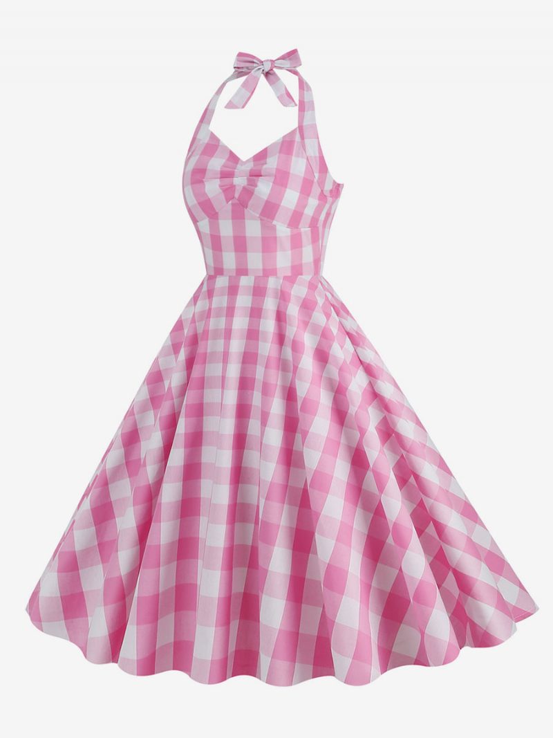 Damen Barbie Pink Gingham 1950er Jahre Kariertes Plissiertes Neckholder-vintage-kleid - Rosa