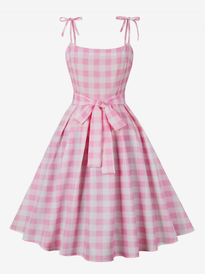 Damen Barbie Pink Gingham Kleid 1950er Jahre Audrey Hepburn Ärmelloses Kariertes Vintage-kleid