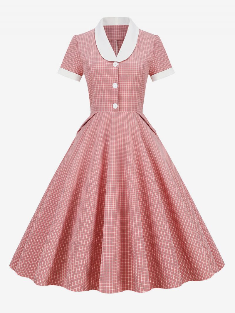 Damen Barbie Pink Gingham Kleid 1950er Jahre Audrey Hepburn Stil Kurzarm Vintage