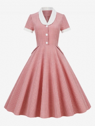 Damen Barbie Pink Gingham Kleid 1950er Jahre Audrey Hepburn Stil Kurzarm Vintage