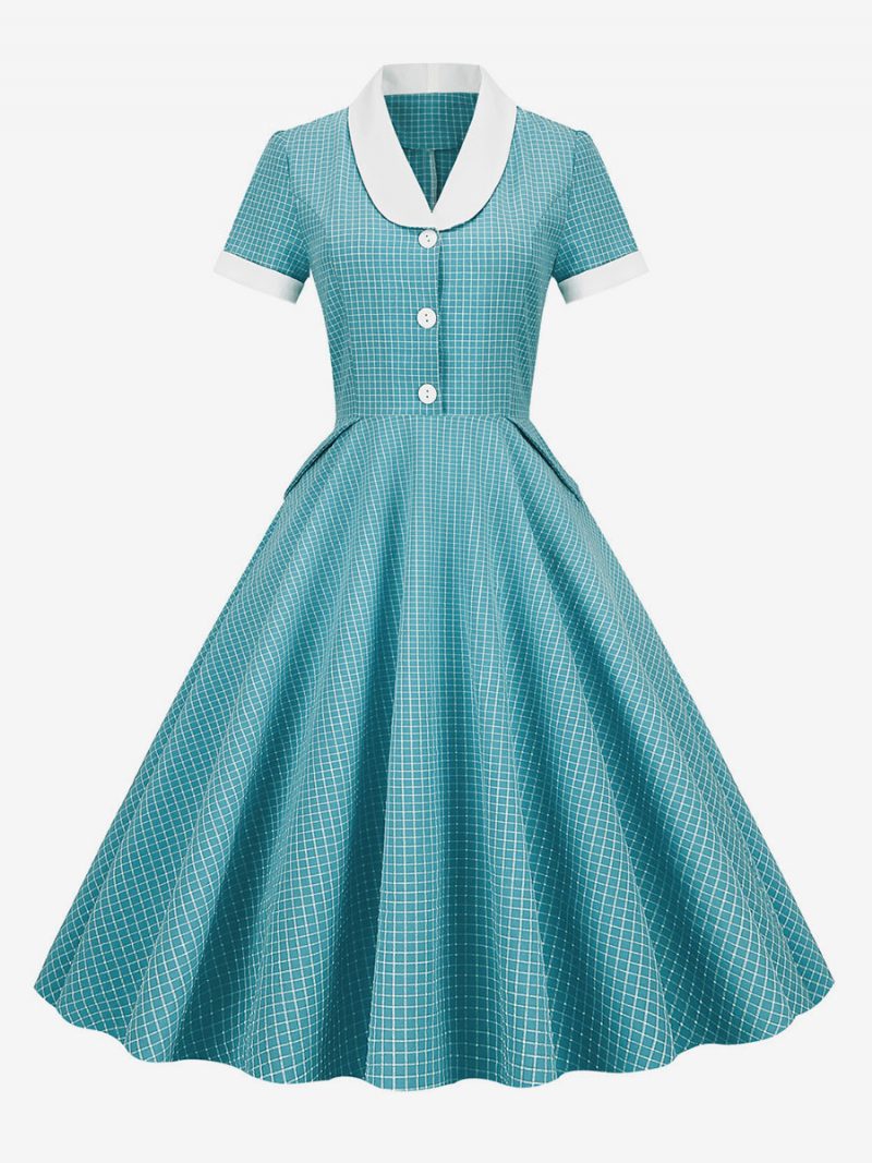 Damen Barbie Pink Gingham Kleid 1950er Jahre Audrey Hepburn Stil Kurzarm Vintage - Cyan