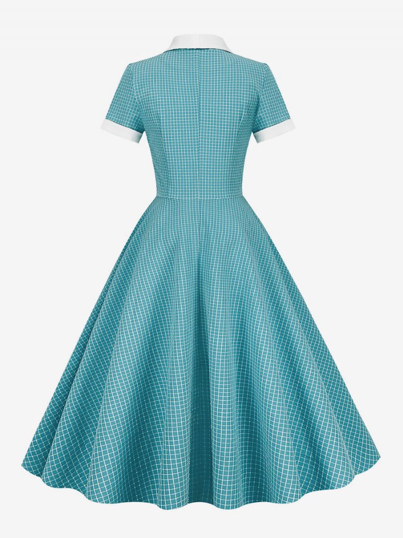 Damen Barbie Pink Gingham Kleid 1950er Jahre Audrey Hepburn Stil Kurzarm Vintage - Cyan