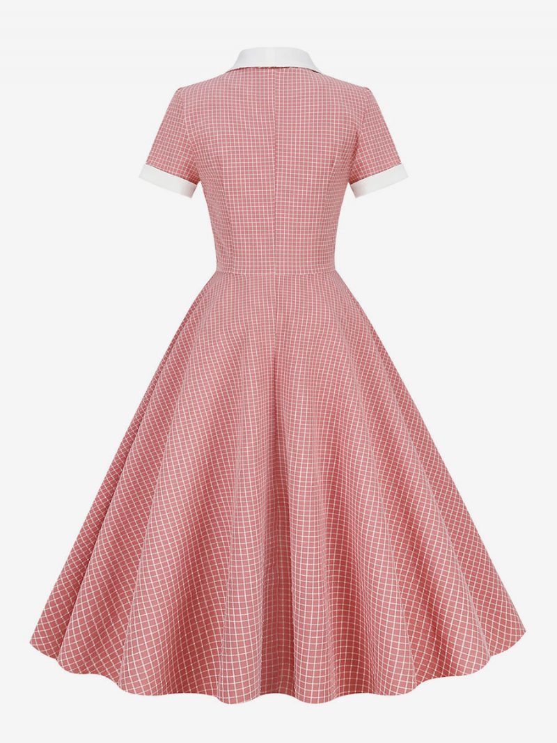 Damen Barbie Pink Gingham Kleid 1950er Jahre Audrey Hepburn Stil Kurzarm Vintage - Rosa