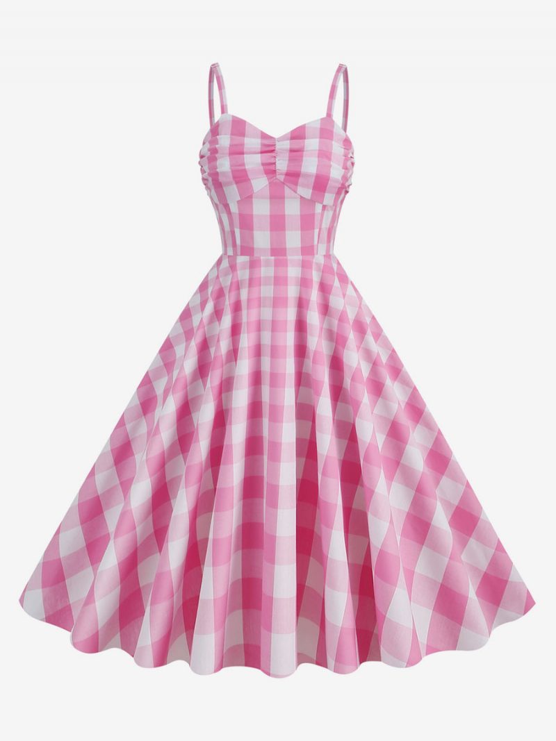 Damen Barbie Pink Gingham Kleid 1950er Jahre Plissee Träger Kariertes Vintage