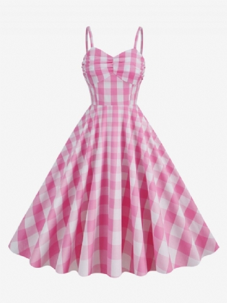 Damen Barbie Pink Gingham Kleid 1950er Jahre Plissee Träger Kariertes Vintage