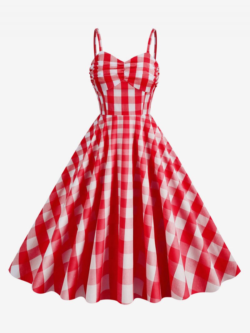 Damen Barbie Pink Gingham Kleid 1950er Jahre Plissee Träger Kariertes Vintage - Rot