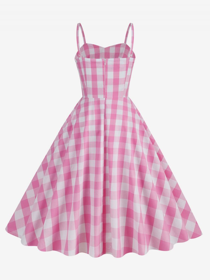 Damen Barbie Pink Gingham Kleid 1950er Jahre Plissee Träger Kariertes Vintage - Rosa