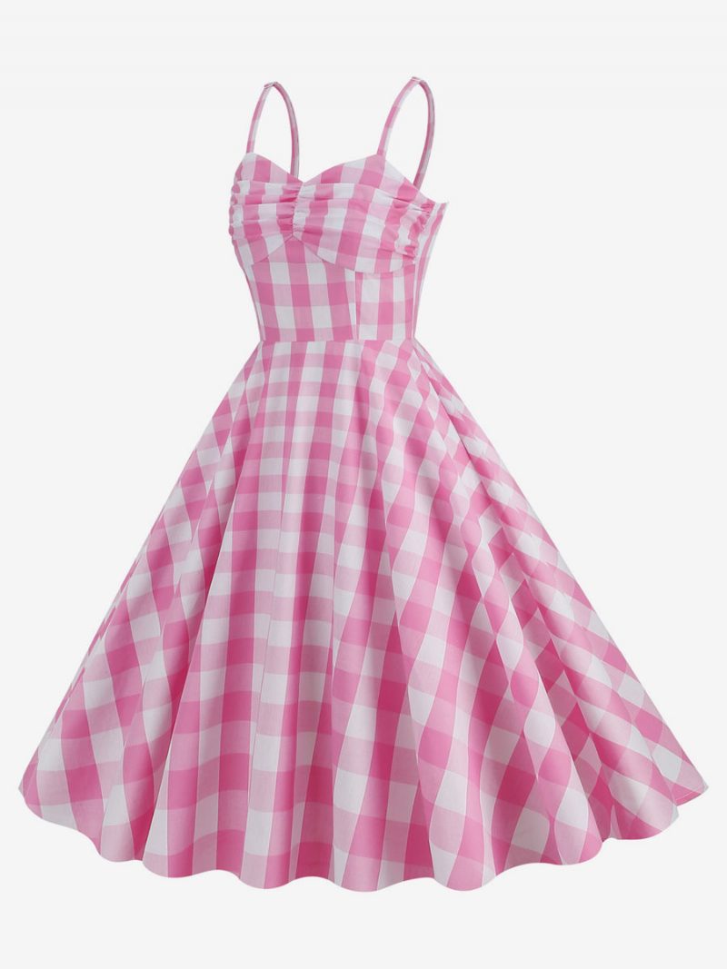 Damen Barbie Pink Gingham Kleid 1950er Jahre Plissee Träger Kariertes Vintage - Rosa