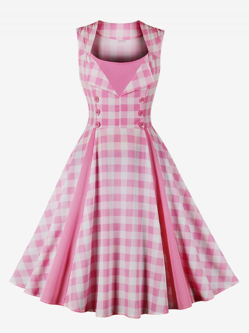 Damen Barbie Pink Gingham Vintage Kleid 1950er Audrey Hepburn Swing