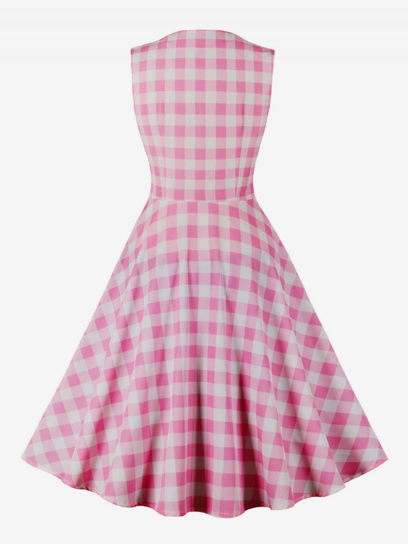 Damen Barbie Pink Gingham Vintage Kleid 1950er Audrey Hepburn Swing - Rosa