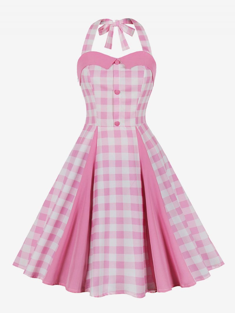 Damen Barbie Pink Gingham Vintage Kleid 1950er Midi Neckholder