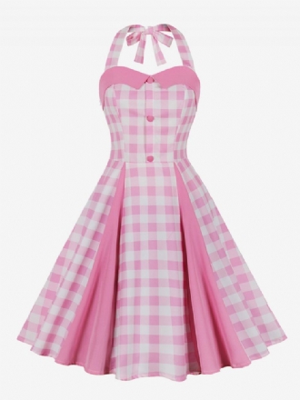 Damen Barbie Pink Gingham Vintage Kleid 1950er Midi Neckholder