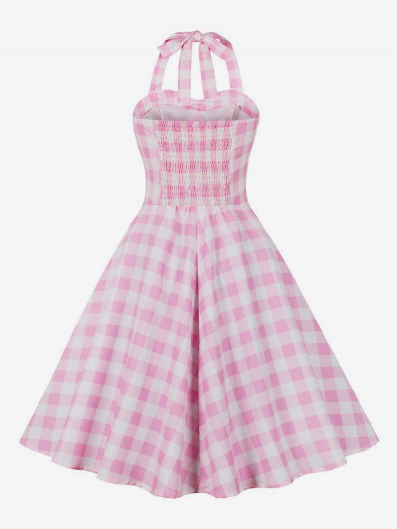 Damen Barbie Pink Gingham Vintage Kleid 1950er Midi Neckholder - Rosa