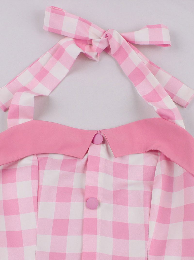 Damen Barbie Pink Gingham Vintage Kleid 1950er Midi Neckholder - Rosa