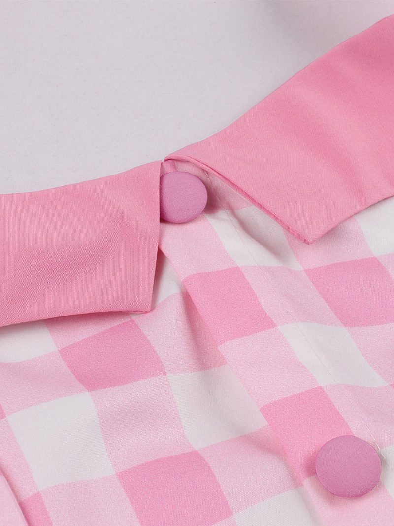 Damen Barbie Pink Gingham Vintage Kleid 1950er Midi Neckholder - Rosa