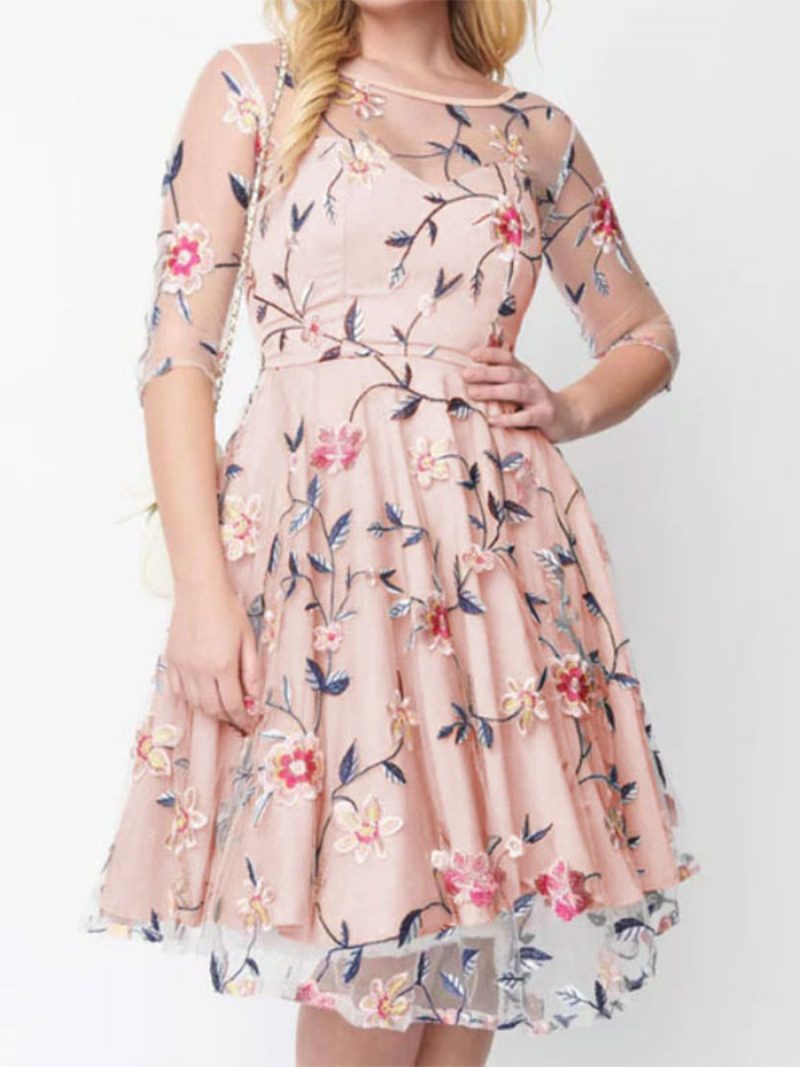 Damen-kleid Mit Blumendruck Rundhalsausschnitt Lange Ärmel Geschichtete Retro-kleider - Rosa