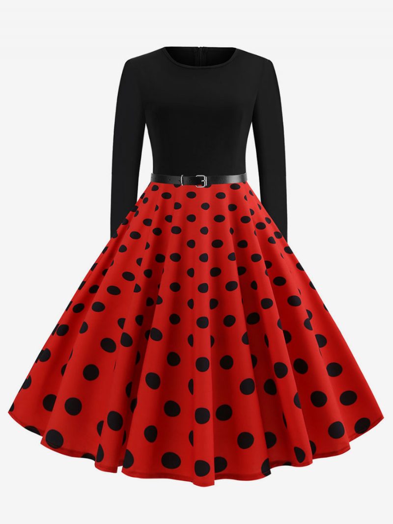 Damen-kleid Rot Gepunktet Vintage-stil 1950er-jahre Lange Ärmel Rundhalsausschnitt Rockabilly-kleider Swing-retro-kleid