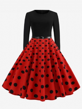 Damen-kleid Rot Gepunktet Vintage-stil 1950er-jahre Lange Ärmel Rundhalsausschnitt Rockabilly-kleider Swing-retro-kleid