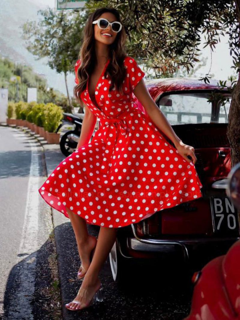 Damen-midikleid Mit Polka-dot-schnürung Mehrlagig Sexy V-ausschnitt Kurze Ärmel - Rot