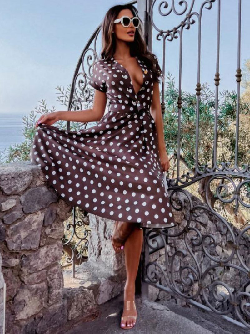 Damen-midikleid Mit Polka-dot-schnürung Mehrlagig Sexy V-ausschnitt Kurze Ärmel - Kaffeebraun