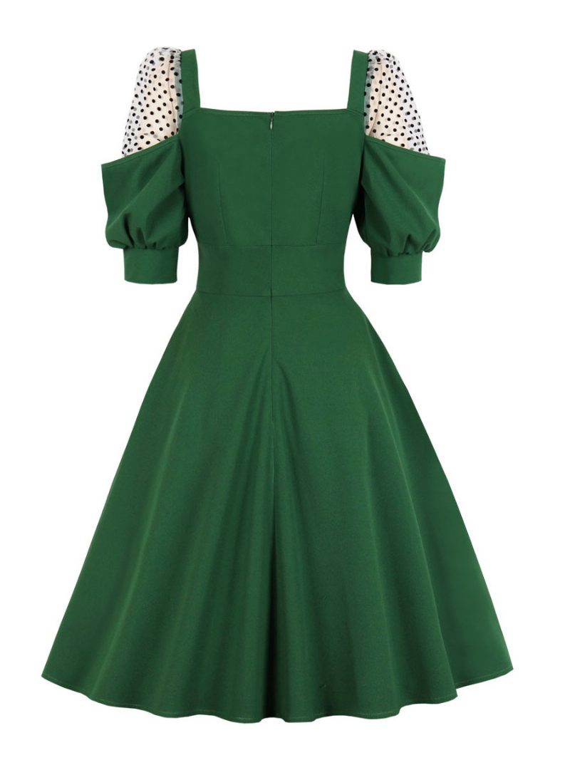 Damen Retro-kleid Herzförmiger Ausschnitt Plissiert Für Den Tag Lässig Kurze Swing-kleider - Grün