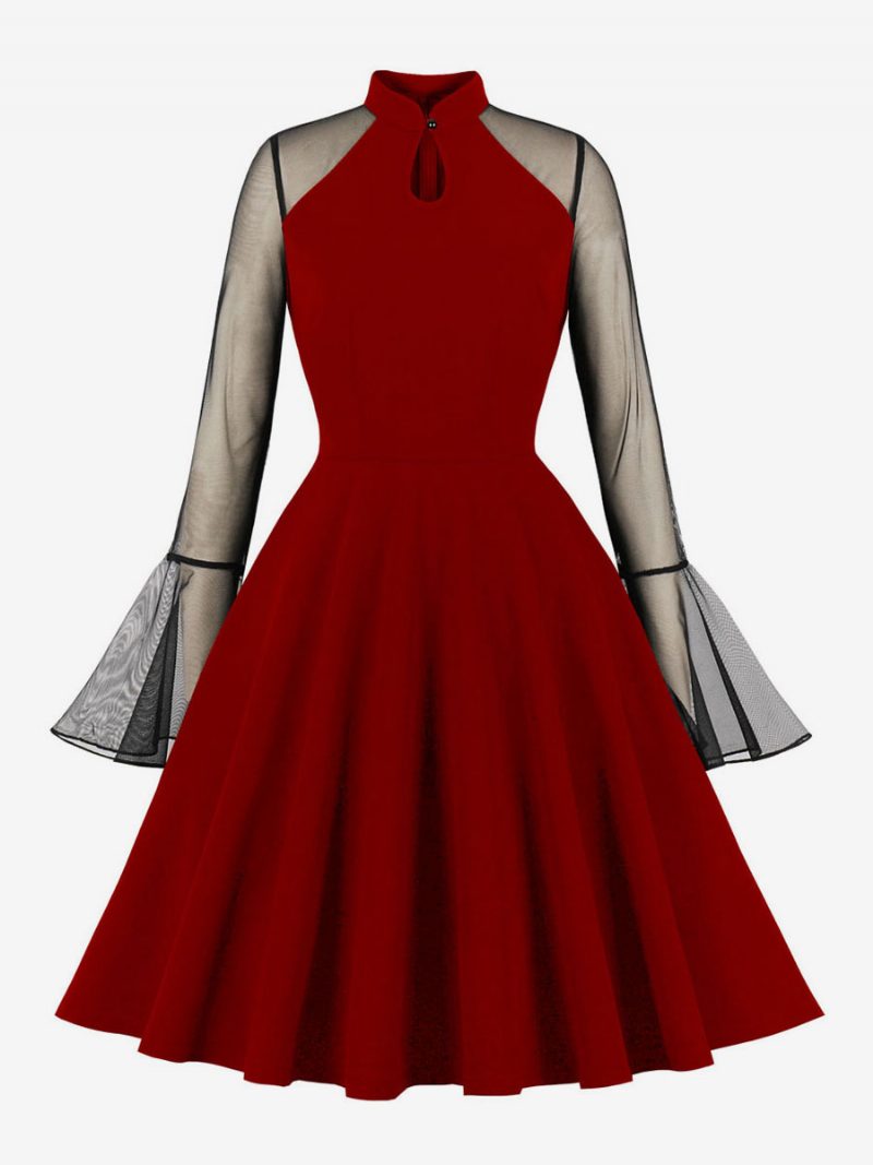 Damen-retro-kleid Im 1950er-jahre-stil Audrey-hepburn-stil Stehkragen Lange Ärmel Knielanges Rockabilly-kleid - Burgund