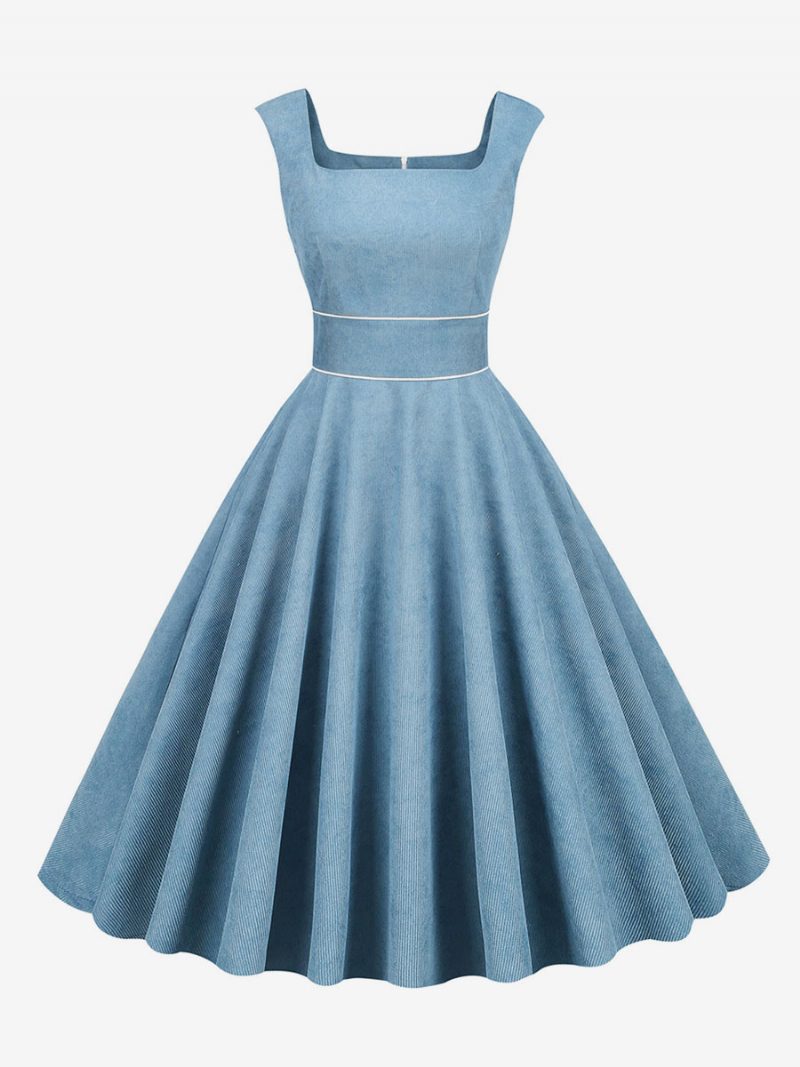 Damen-retro-kleid Im Audrey-hepburn-stil Der 1950er Jahre Babyblaue Paspelierung Ärmellos Quadratischer Ausschnitt Mittelgroßes Rockabilly-kleid - Babyblau